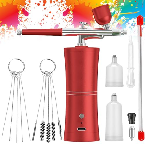 Kit de aerógrafo portátil, pistola de mano recargable con cepillo, mini aerógrafo con compresor para diseño de uñas, decoración de pasteles, maquillaje, modelado de tatuajes, color de modelo (rojo)