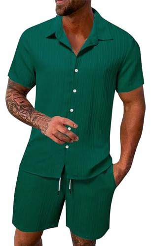 Generico Uomos Estiva Completa Leggera Manica Corta Button Down Camicie Con Coulisse Pantaloncini, Casual LeggeroTute Da Ginnastica Corto Sportivo Complete Completo Due Pezzi Spiaggia Set