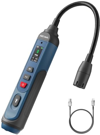 AEGTEST AGT-1988PRO Rilevatore di Gas Naturale Ricaricabile, Rilevatore di Gas con Collo da 17,5 cm, Schermo TFT, Campo 0–9999 PPM per Gas Combustibili come Propano e Metano per Casa e Camper – Blu