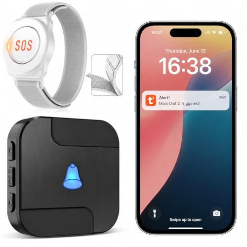 CallToU Tuya WiFi Personal alarms for elderly,Waterproof elderly alarm call button System with 1 Wrist button & Receiver - Connects to Phone,Ideal for Seniors Disabled Kids，only Supports 2.4GHz WiFi