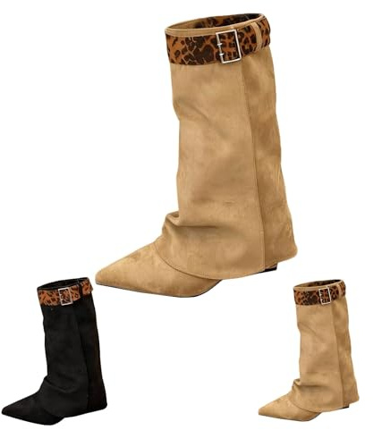 Botines para mujer con tacón puntiagudo – Botas altas por la rodilla para mujer, plegables, tacón alto, botas largas, botas de ante para fiesta, caqui, 40 EU