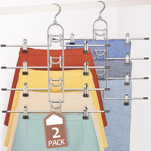 Pants & Skirt Hangers with Clips, Newly Upgraded Detachable Space Saving Hanger, 4-Tiers Skirt Hangers for Women - Hanging Closet Organizer and Storage (Silver-4 Layers, 2 Pack)