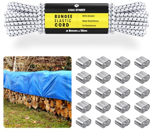Gummirep 8mm x 10m Gummisnöre Gummilina med 20 Repklämmor | 100% Stretch, Med 20 Repklämmor, Durable, Camping, Presenning, Släpvagn, Gör-det-själv, Skosnören