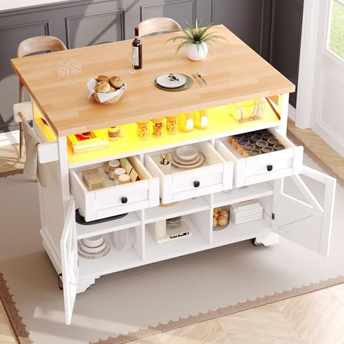 NNJN Carrello da cucina multifunzione con app LED e tavolo pieghevole; isola da cucina mobile, bar, credenza con spazio di archiviazione; carrello da portata arrotolabile con tre cassetti e due ante
