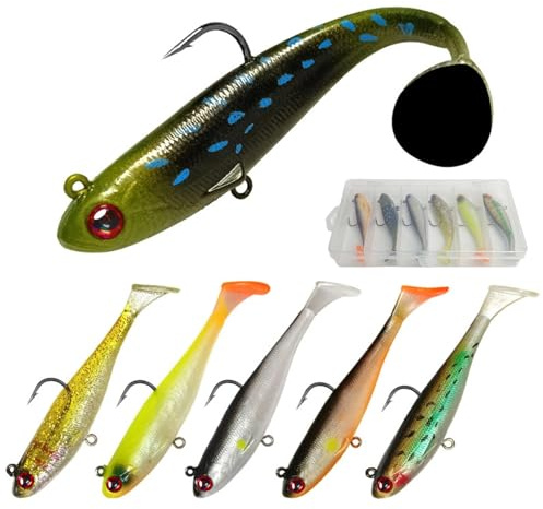 Eulihent 6 Pezzi Esche da Pesca Morbida Gomma Esche da Nuoto 9cm Mare Esche Artificiali Swimbait Artificiale con T-coda Esca Pesca per Spigole Bass Lucci Trote Pesci Carnivori (12.5 g)