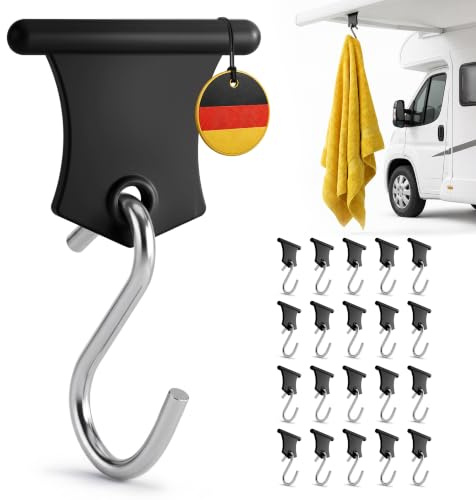 SCHMITZ.Tools Kederlistkrokar 20-pack - Kederkrokar/Markiskrokar för Kederlista, Campingtillbehör för Husvagn & Husbil, Perfekt för Lampor, Handdukar, Kläder och Dekoration (Svart)