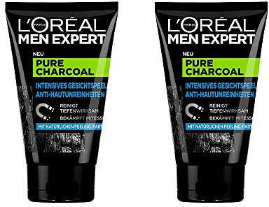 L'Oréal Men Expert Pure Charcoal Kohle, Gesichtspeeling gegen unreine, fettige und ölige Männerhaut und Mitesser Porenreiniger - für klare Haut (2 x 100 ml)
