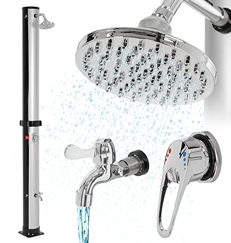 ML-Design Doccia Solare da Giardino 35L 217,5cm Rotonda con Soffione e Rubinetto a Pioggia Acqua Calda Temperatura Massima 60°C per Esterno Piscina Spiaggia Campeggio Risparmio Energetico Nero/Argento