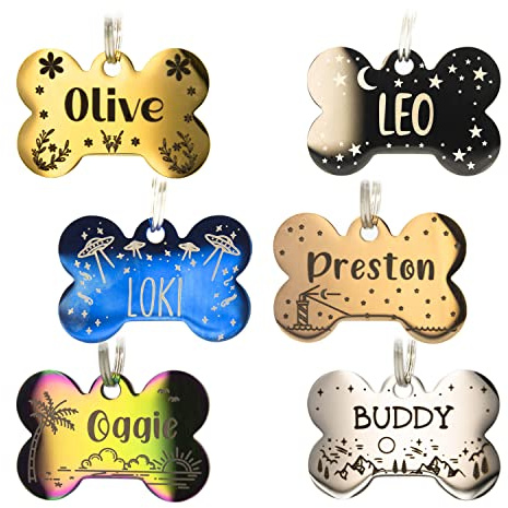 Personalized Dog Tag with 5 Lines of Custom Deep Engraved Durable Stainless Steel Pet ID Name Tag Designer Regular Size Bone