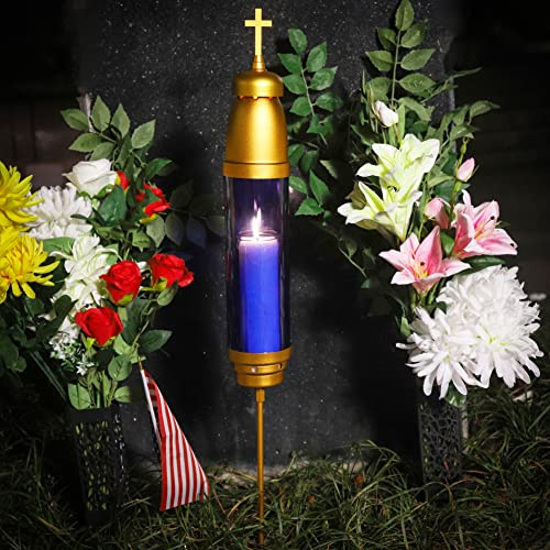 OURMEMO Cemetery Light Candle Holder, Memorial Candle, Grave Vigil Light Holder,Anodized Aluminum Eternal Light Dome Memorial Light Grav Lamp, Gold Blue