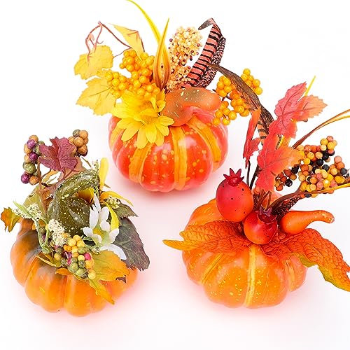Yuragim 3 Stück Künstliche Kürbisse Herbst Deko, Zierkürbisse mit Ahornblätter und Sonnenblumen, Kürbis Herbst Dekoration Ornamente für Halloween Thanksgiving Herbstdeko Tischdeko