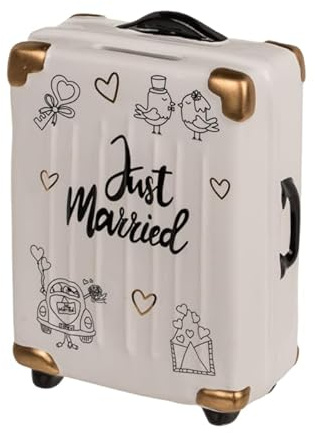 Hucha Maleta Trolley Boda Cerámica. Hucha Just Married con Tapa.