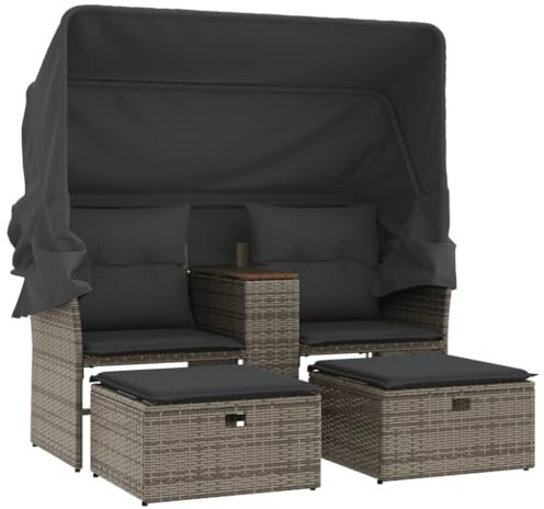 vidaXL Gartensofa 2-Sitzer, Outdoor Sofa mit Sonnendach, Terrassensofa mit Hockern, Gartenmöbel Sofagarnitur Gartengarnitur, Grau Poly Rattan