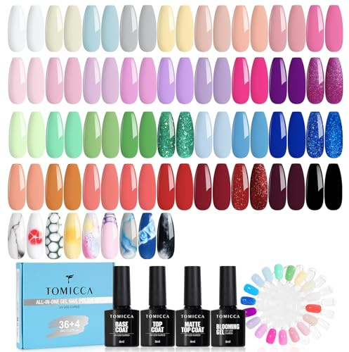 TOMICCA Set UV per Unghie 42PCS, 36 Colori Gel Smalto Rosa Verde Viola & 4PCS Base e Smalto Finale con Gel Fiorito & 2*Display Rotondo per Unghie con Esposizione di Punte per Unghie, per Studio di