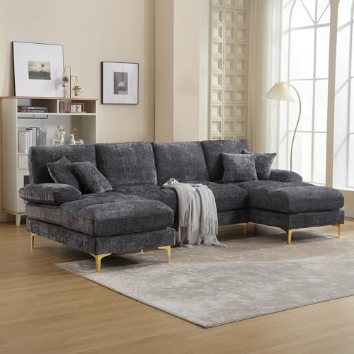 Moderno gran tejido de chenilla en forma de U Combinación de sofá con silla doble Toffee y espuma viscoelástica 272x136x88cm Muebles espaciosos (chenille, gris)