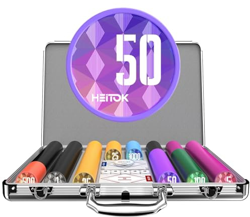 HEITOK Set da Poker 500 Fiches 11,5g Numerati con Anima in Metallo - Valigetta Alluminio Rinforzata, Bottone Dealer, Carte e Dadi per Texas Hold'em