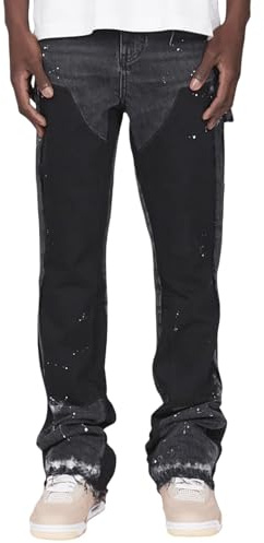 MASUCOR Jean Micro Flare pour Hommes Y2k Mode Encre Splash Patchwork Pantalon en Denim Automne Jeans Décontractés avec Poches Hommes Hip Hop Streetwear Jean à Jambe Droite(Black,L)