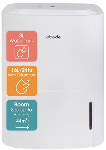 Abode Dehumidifier 16 Litre/Day with Digital Display for Damp, Mould & Moisture in Home, Kitchen, Bedroom, Office, Caravan, Laundry Drying, 44m2 Room Coverage, Smart Timer, White ADH1601