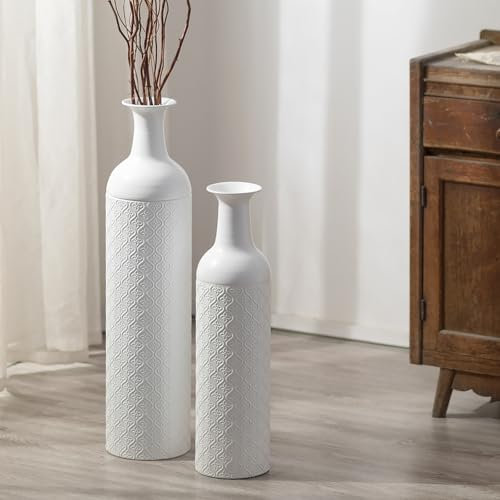 Sziqiqi Bodenvase Groß Weiß Hohe: 70/55 cm Extra Große Dekorative Bodenvasen Set of 2 - Metall Boho Bodenvase für Pampas Gras - Übergroße Bodenvase für Wohnzimmer Schlafzimmer Heim Ecke