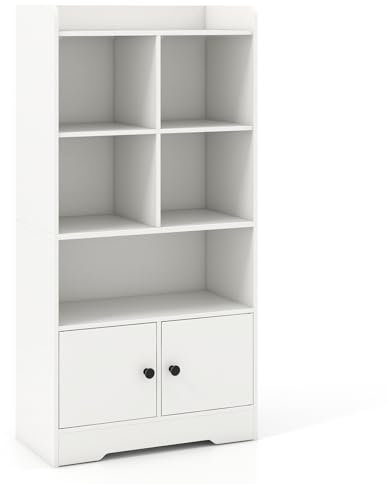 GIANTEX Librería de Madera con 5 Compartimentos Abiertos y 2 Puertas, Estantería de Libros con Kit Antivuelco, 60 x 29,5 x 120 cm, Armario de Almacenamiento para Salón, Dormitorio y Estudio