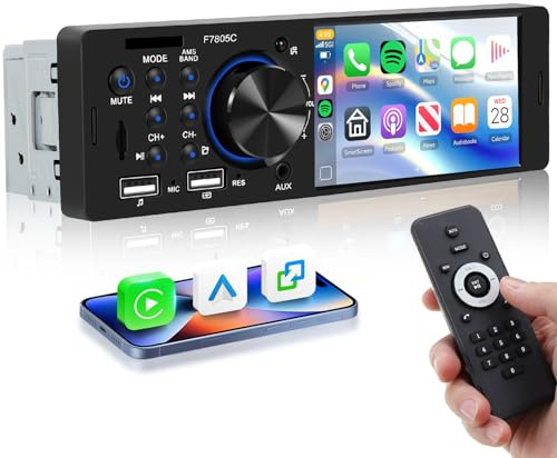 Hodozzy Autoradio 1 Din avec CarPlay Android Auto, Poste Radio Voiture avec Mains Libres Bluetooth, 4 Pouces 1 Din Radio Lecteur MP5 FM/RDS/Double USB/TF/AUX, Charge Rapide, Commande au Volant