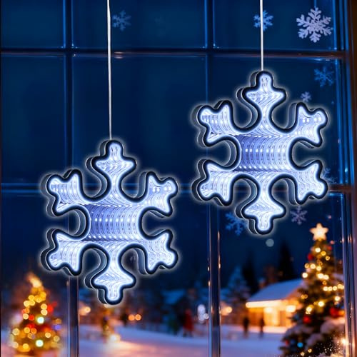 Quntis Christmas Snowflake Window Lights Battery Powered, 104 LEDs 2 Pack Xmas Snowflake Lights with Timer, cool white infinity mirror tunnel lamp, Christmas decorations for window, Xmas tree, Balcony