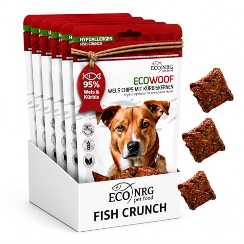 ECO WOOF Hundgodis | 95% MALCHIPS MED PUMPAFRÖN | Fiskgodis, Proteinrikt, Allergivänligt, Glutenfritt, Omega 3, Skonsamt torkat av Råfisk, Träning, Tandvård | 6x125g