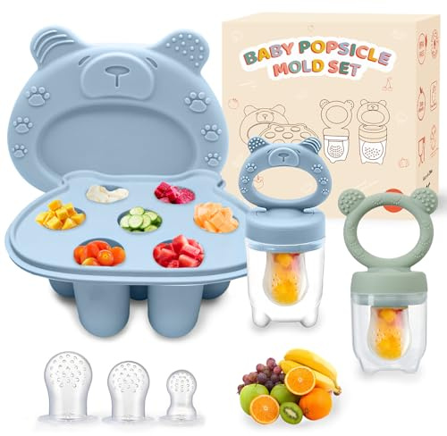 ZUFIO Fruchtsauger Baby – Fruchtsauger Baby ab 6 Monate (2 Fruchtsauger + 2 Silikonbeutel + 1 Gefrierbehälter) Perfekt für Babynahrung, Muttermilch - Selbstständiges Füttern (Blau/Grün 2+1)