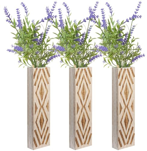 Bueno para decoración de pared de baño, 3 jarrones de madera, macetas colgantes, diseño de patrón hueco, contenedores de flores secas para interiores, estilo Bach