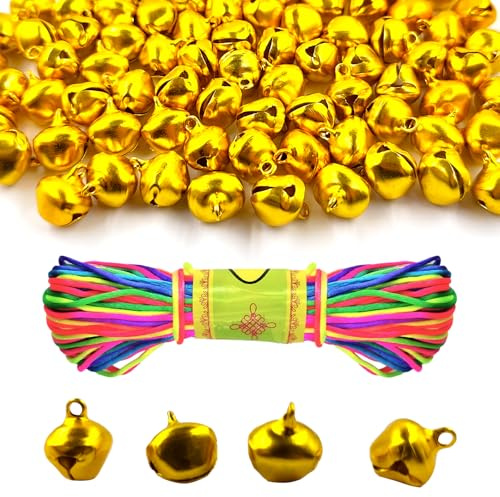 150 pièces de clochettes en métal, clochettes de 14 mm avec œillets, avec 20 m de corde colorée, clochettes artisanales, petites cloches, cloches de Noël pour décorations de festival, fabrication de