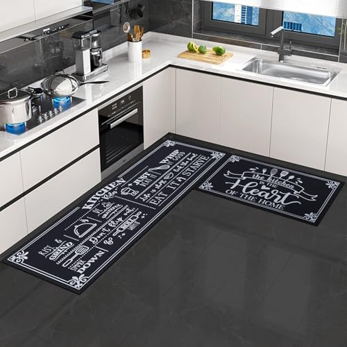 7VSTOHS Alfombras y tapetes de Cocina 2 Piezas Alfombras para Interiores Alfombra de Cocina Lavable y Antideslizante para pasillos, comedores, entradas felpudos(Negro,43×75+43×120cm)