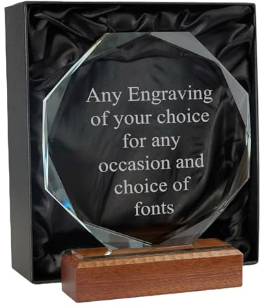 ukgiftstoreonline Wood Base Large Octagon Glass Personalised Engraved Award Trophy Perfect for Sports, Employees, School Ceremonies & Appreciation