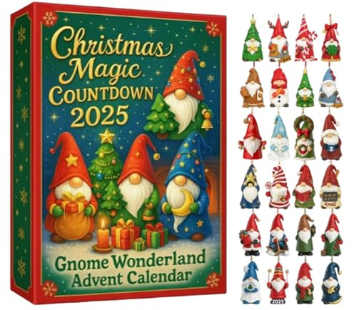 Calendario de Adviento de gnomos de jardín 2025, calendario de cuenta regresiva de gnomos de Navidad, calendario de cuenta regresiva de Navidad de 24 días con 24 colgantes acrílicos de gnomos