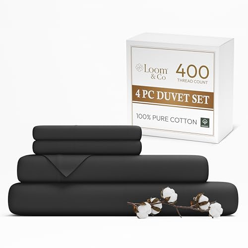 Loom & Co 4 Piece Double Bedding Set - Duvet Cover, Fitted Bed Sheet, Pillowcases - 100% Egyptian Cotton Duvet Cover Set - Soft, Breathable, Lightweight (Black, Double)
