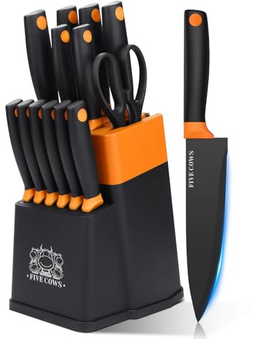 FIVE COWS Juego de Cuchillos de Cocina, 14 Piezas, Bloque de cuchillos auto-afilables, con Cuchillos de pan y Tijeras, Mangos Ergonómicos Antideslizantes Para Chef y Uso Doméstico (Naranja)