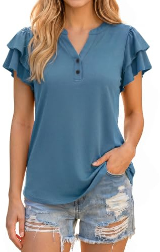 Enmain Camiseta Mujer Verano Casual Blusas Manga Corta con Volantes y Cuello en V Elegantes Negocios Tops