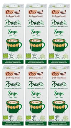 Ecomil - Bebida Vegetal de Soja Barista Bio, Pack 6 x 1 L, Sin Lactosa, Ecológica, Vegana, Bajo en Azúcares, Espuma Perfecta, Sabrosa, Ideal para Cafés