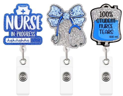 Loghohu 3Pcs Blue Student Nurse Badge Reel, Funny Badge Reel with Alligator Clip Cute Sparkly Acrylic Retractable Badge Reels for Nursing Teachers Student