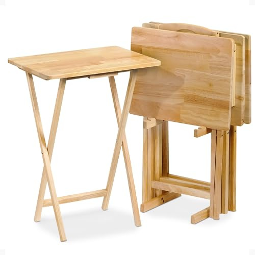 PJ Wood - 5-Pack Folding TV Tray Tables - Wooden Set with Storage Rack