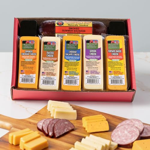 Wisconsin Cheese Company - Specialty Cheese & Summer Sausage Gift Box - 100% Wisconsin Gouda, Smoked Cheddar, Salami, Tomato Basil Cheddar, Swiss (Pack of 5 Blocks) | Perfect for Parties, Charcuterie Boards, and Holiday Gifts