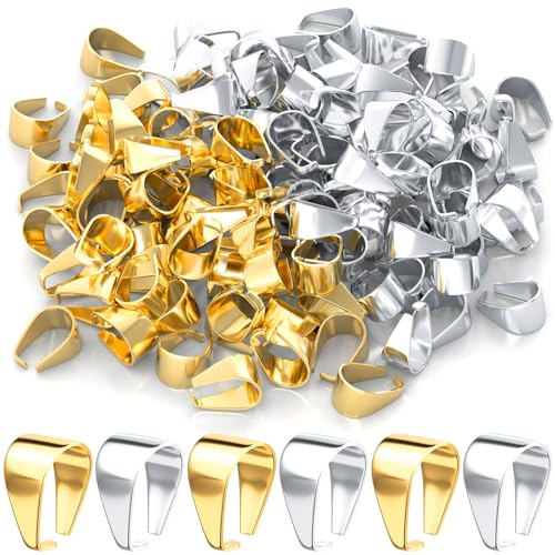 PAGOW 200 Pcs Pinch Bails, Pendant Clasp for Jewelry Making, 14k Gold Plated Brass Charm Clasps Chain Connectors, Snap Bail Hook Pinch Clip for Bracelets, Neckalce (Gold, Silver)