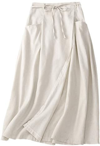 Giltpeak Jupe longue d'été en lin et coton pour femme Taille haute élastique Style décontracté vintage trapèze Jupe midi avec poche, Couleur chanvre., 44