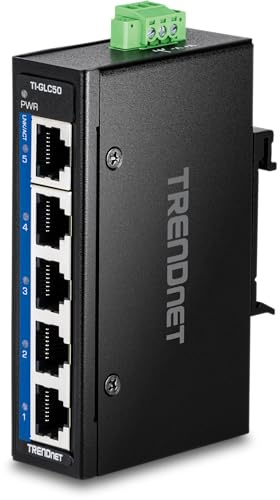 TRENDnet Mini switch industriale a 5 porte Gigabit DIN-Rail, TI-GLC50, 5 porte Gigabit, temperatura estrema IP30, capacità switch 10 Gbps, nero