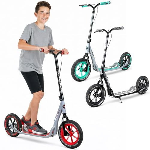Large Kick Scooter for Adults, Teens & Kids 8-12 with Kickstand – 12 Air-Filled Tires, Wide Deck, Lightweight Steel Frame – Madd Gear Urban Glide (Graphic 1)