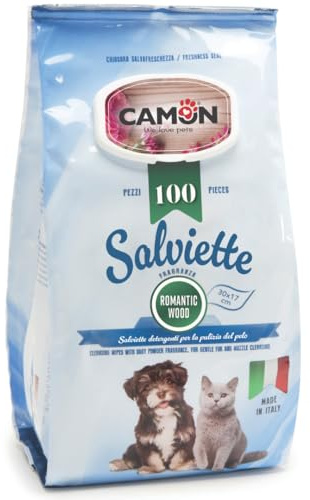 CAMON | Salviette Detergenti per Cani e Gatti, 30x17 cm, Confezione da 100 Pezzi, Fragranza Romanitc Wood, Senza Alcool etilico né Parabeni, Made in Italy