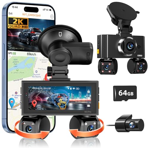 Zunfly 4 Channel Dash Cam Front and Rear, 360° 2K+1080P Full Coverage Car Camera with 3.16 IPS Touch Screen, 8 IR Night Vision, 5GHz WiFi, Built-in GPS, G-Sensor, 24H Parking Mode, 64GB Card Included