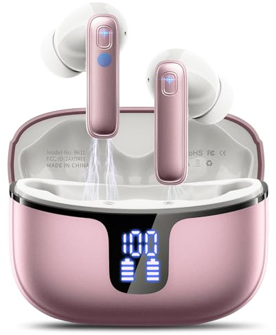 Wireless Earbuds, Headphones Wireless Bluetooth 5.3 with 4 ENC Noise Cancelling Mic, 14.2mm Drivers LED Display, Deep Bass Stereo in Ear Earbuds,40Hrs Bluetooth Earphones/IP7 Waterproof Ear Buds Gold