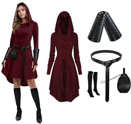 PORJDN Abito medievale donna con cappuccio, stile gotico, per Halloween, cinturato, retrò, per monete, corsetto e calzettoni alti (Marrone Rossastro, XL)