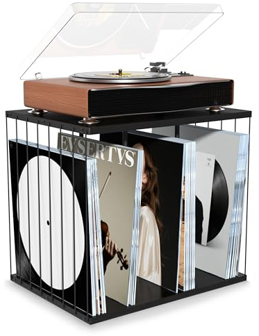 Emfogoo Rangement Vinyle, Support à Vinyle en Bois, Vintage Style Multifonctionnel Meuble Vinyles avec 3 Compartiments, Porte Vinyles Pouvant Contenir 100 Disques, pour Salon ou Bureau (Noir)