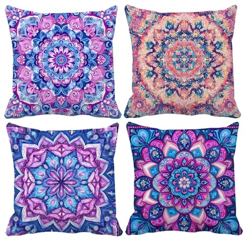 Coussin Exterieur Impermeable Lilas Housse Coussin 80x80cm, Taie Oreiller Mandala Lot de 4 Taie D'Oreiller en Lin Motif Avec Fermeture Éclair Invisible pour Canapé Jardin Decoration Maison QJ-1072